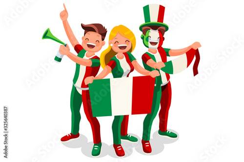 Italy flag Italian people day. Crowd of persons celebrate national day .  Celebrating a football team. Soccer symbol and victory celebration. Sports cartoon symbolic flat vector