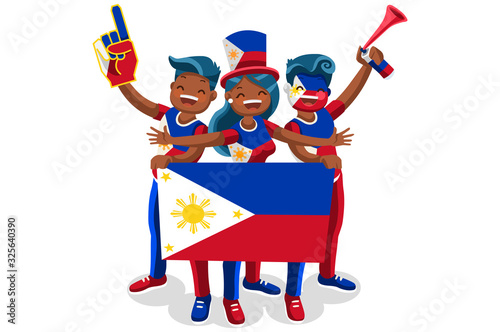 Philippine flag Philippines people day. Crowd of persons celebrate national day .  Celebrating a football team. Soccer symbol and victory celebration. Sports cartoon symbolic flat vector