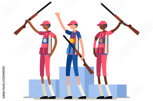 Crowd of persons celebrate summer games athletics medal. Sportive people celebrating shooting team. Shooter athlete symbol on victory celebration. Sports cartoon symbolic flat vector illustration.