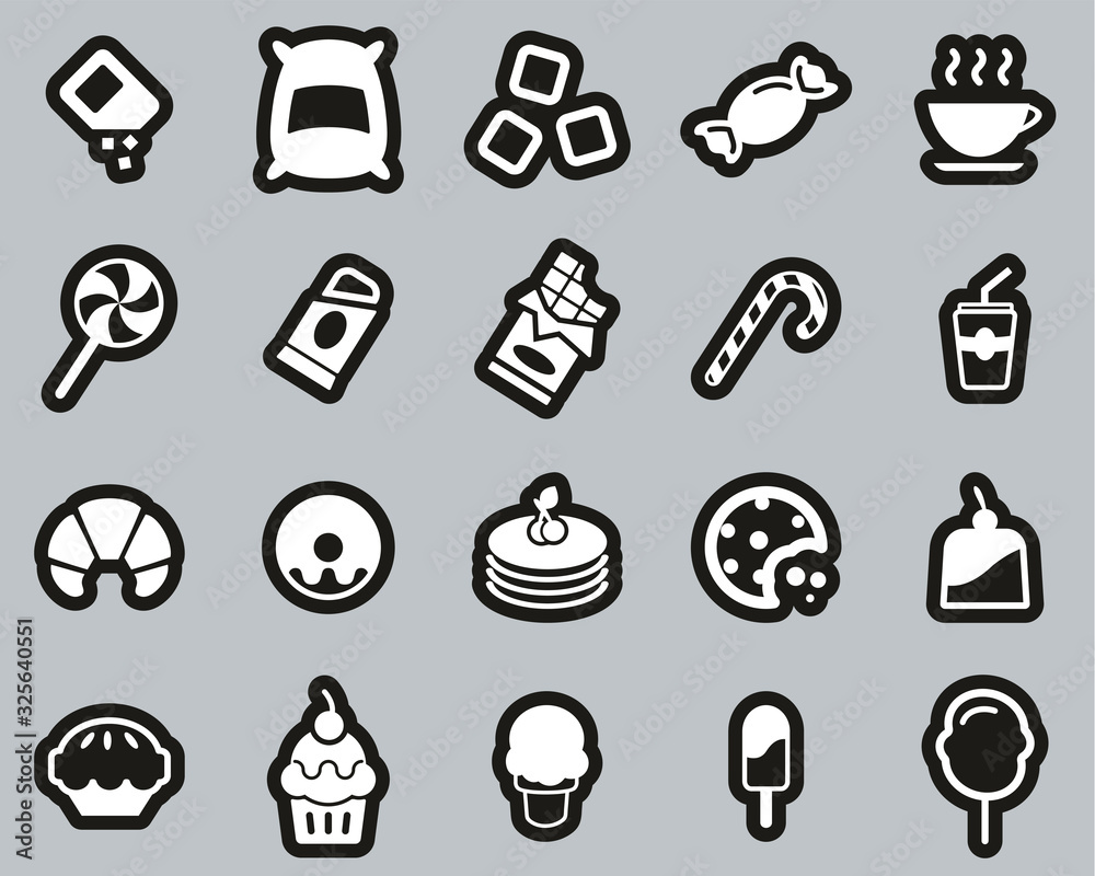Sugar Or Sugar Food & Drink Icons White On Black Sticker Set Big