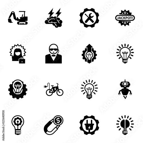 16 power filled icons set isolated on white background. Icons set with excavator, Brain storm, Repair service, successful woman, security, Innovation business, Creative process icons.