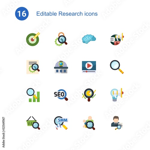 16 research flat icons set isolated on . Icons set with Target keywords, Search optimization, AI Architecture, SEO optimization, observatory, Video marketing, Semantic Analysis icons.