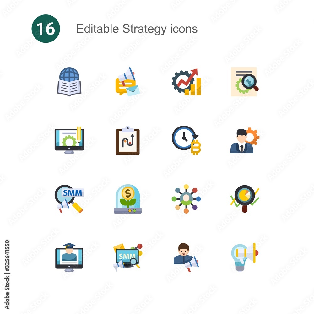 Obraz premium 16 strategy flat icons set isolated on . Icons set with Affiliate Marketing, social media campaign, Productivity, Content management, tactics, future of money, Social Marketing icons.