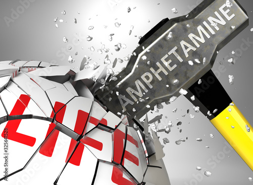 Amphetamine and destruction of health and life - symbolized by word Amphetamine and a hammer to show negative aspect of Amphetamine, 3d illustration