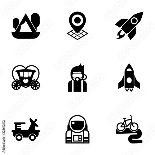 9 travel filled icons set isolated on white background. Icons set with Camping, Geo Targeting, rocket, Brougham, Diving, spaceship, moon rover, astronaut, Bike tour icons.