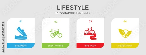 4 lifestyle filled icons set isolated on infographic template. Icons set with sneakers, elektro bike, Bike tour, vegetarian icons.