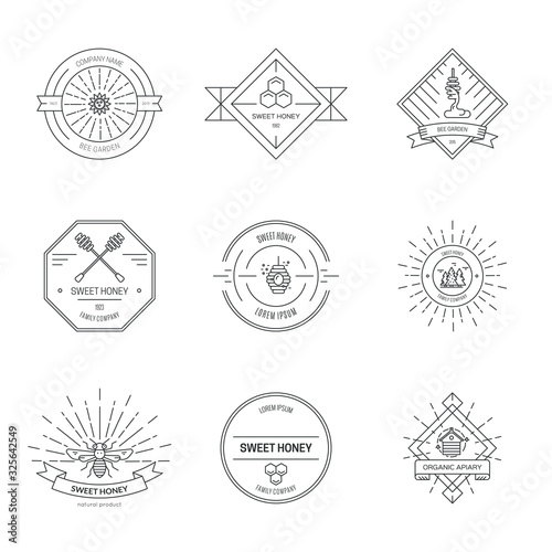 Beekeeping company linear label vector templates set. Natural honey store outline logotypes pack. Various apiary symbol thin line illustrations with typography isolated on white background
