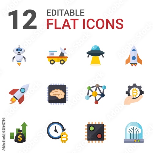12 future flat icons set isolated on white background. Icons set with AI Robot, moon rover, ufo, rocket, Artificial Intelligence, spaceship, Asset, future of money, AI Decision icons.