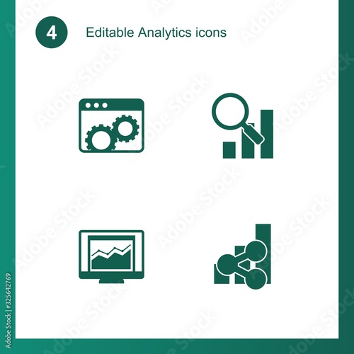 4 analytics filled icons set isolated on . Icons set with Website optimization, Semantic Analysis, statistics, social media trends icons.