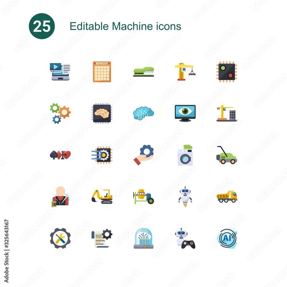 25 machine flat icons set isolated on . Icons set with Systems Integration, Bingo, Stapler, cogwheel, Artificial Intelligence, AI Architecture, gambling, Machine learning icons.