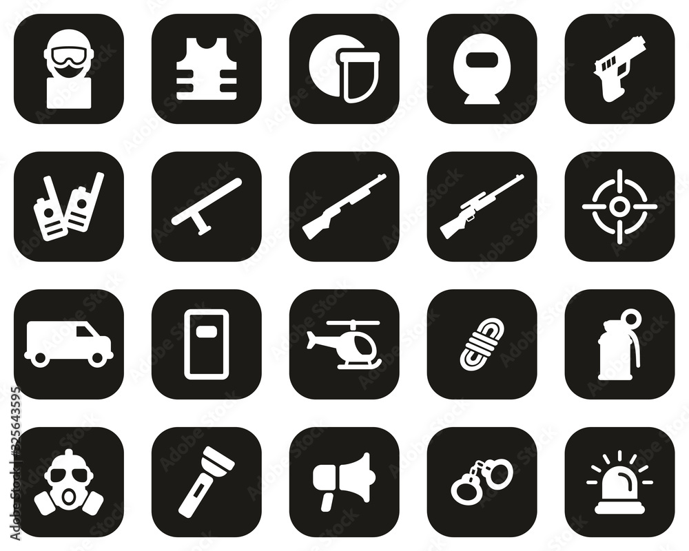 SWAT Team Icons White On Black Flat Design Set Big SWAT Team Icons White On Black Flat Design Set Big