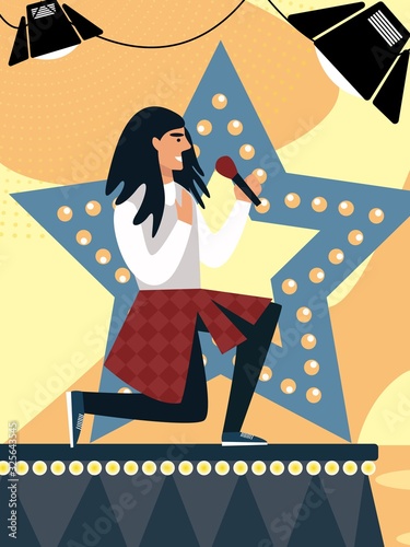 Young Long Haired Man in Stylish Dressing Holding Microphone Stand on One Knee on Stage Singing Song under Spotlights and Star on Background, Talent Show Participant. Cartoon Flat Vector Illustration