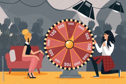 Young Man Stand on One Knee Spinning Wheel of Fortune Roulette for Gambling Lottery Game Experience Luck Rolling Disk with Win-win Chance, Woman Host Sitting on Couch. Cartoon Flat Vector Illustration