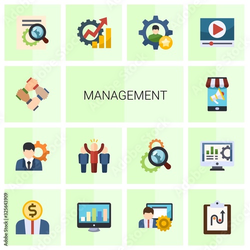 14 management flat icons set isolated on white background. Icons set with start-up team  manager  leader  Mobile marketing  SEO optimization  Productivity  skill  Video marketing icons.