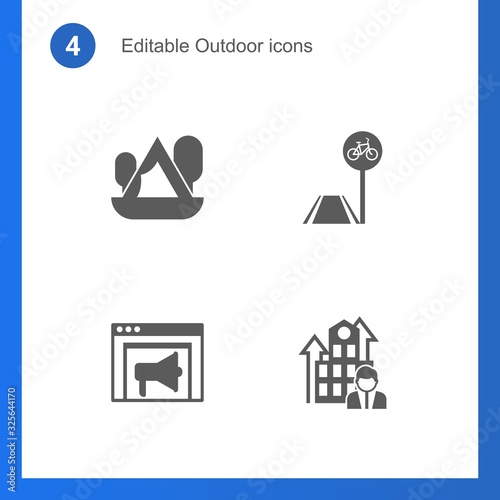 4 outdoor filled icons set isolated on . Icons set with Camping, bicycle lane, Banner Ads, Business Company icons.