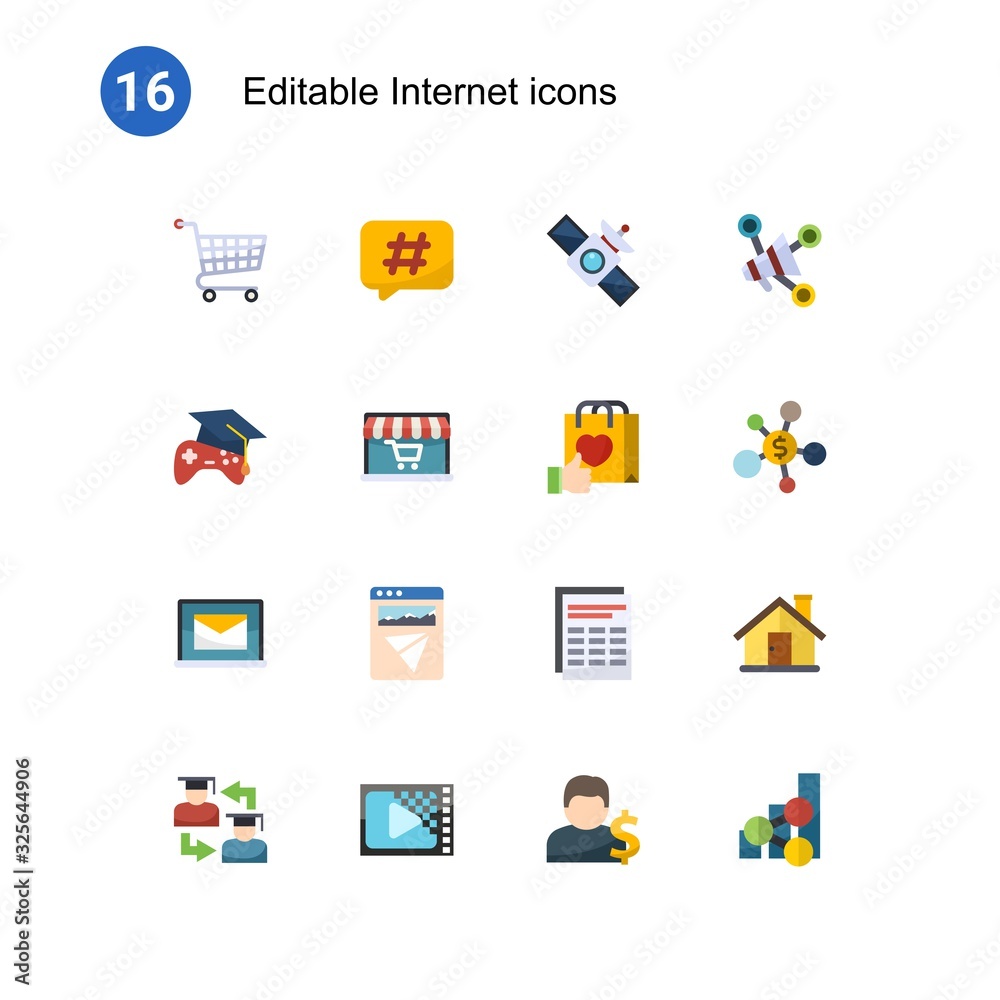 16 internet flat icons set isolated on . Icons set with Distance Exam, Hashtag, satellite, Open Source, Audio Conference, Brand engagement, Online library, Landing page icons.