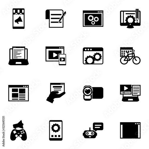 16 application filled icons set isolated on white background. Icons set with Mobile marketing, terms & conditions, back end, Web Development, Adaptive Streaming, Website optimization icons.