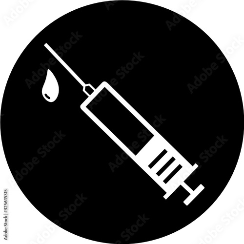 Medical syringe, hypodermic needle, Inject needle concept of vaccination in black circle icon. Trendy flat style vector illustration. Drug dose business concept. Symbol web site design, logo, app, UI.