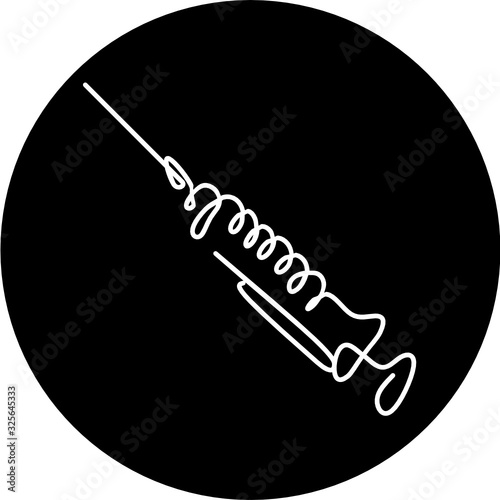 Medical syringe, hypodermic needle, Inject needle concept of vaccination in black circle icon. Trendy flat style vector illustration. Drug dose business concept. Symbol web site design, logo, app, UI.