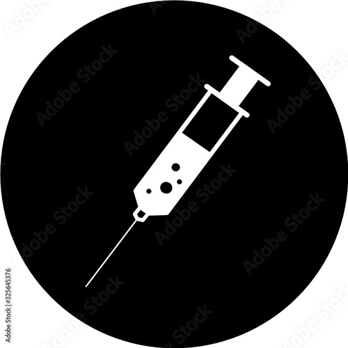 Medical syringe, hypodermic needle, Inject needle concept of vaccination in black circle icon. Trendy flat style vector illustration. Drug dose business concept. Symbol web site design, logo, app, UI.