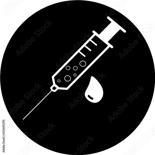 Medical syringe, hypodermic needle, Inject needle concept of vaccination in black circle icon. Trendy flat style vector illustration. Drug dose business concept. Symbol web site design, logo, app, UI.