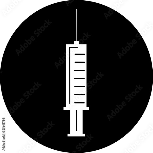 Medical syringe, hypodermic needle, Inject needle concept of vaccination in black circle icon. Trendy flat style vector illustration. Drug dose business concept. Symbol web site design, logo, app, UI.
