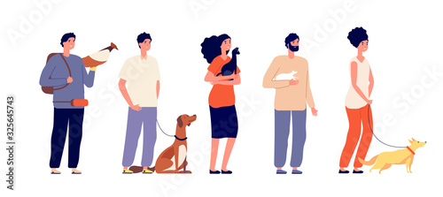 Pet owners. Man woman hugging pets. Isolated people with cat dog, bird and rat. Domestic animals, standing young friends vector characters. Man and woman character, friend puppy illustration