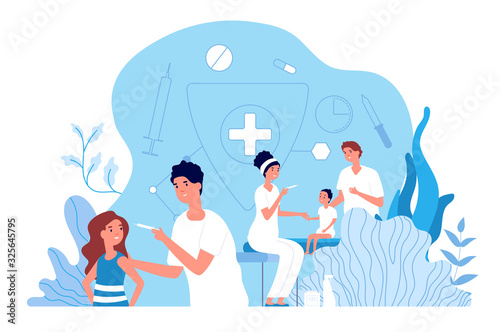 Children vaccination. Pediatrician, baby medical healthcare. Vaccine polio and flu for kids. Medication and health protection vector concept. Pediatrician vaccination, doctor healthcare illustration