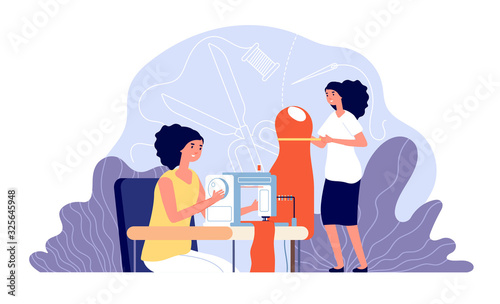 Fashion designer. Clothes design, women sew apparel. Tailor and seamstress, female model. Professional creative atelier vector concept. Fashion handmade designer and tailoring illustration