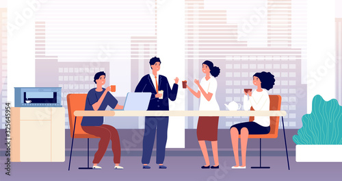 Office coffee break. Business lunch, managers in cafeteria or kitchen room. Friends meeting, people drinking and talking vector illustration. Office lunch break, business coffee drink