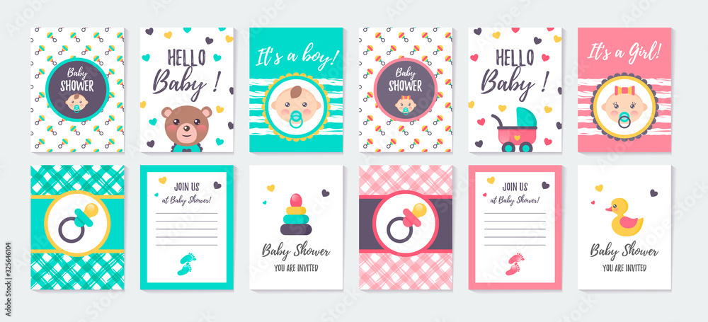 Set of vertical greeting cards and invitation for girl and boy baby ...