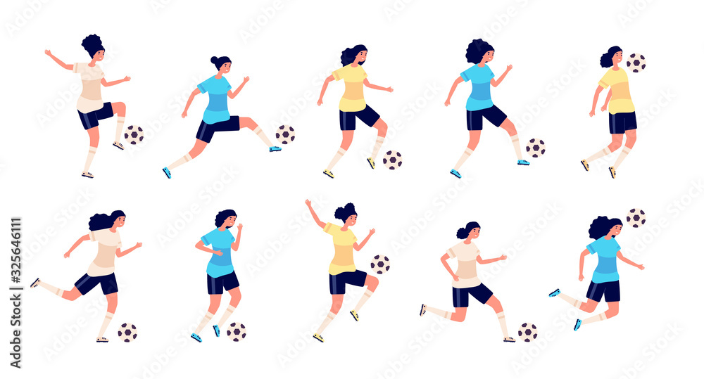 Female football players. Isolated sports people. Women soccer team, cute active person. Workout for girls characters in uniform vector set. Football player woman playing in game training illustration