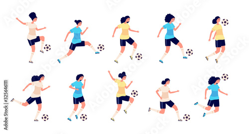 Female football players. Isolated sports people. Women soccer team  cute active person. Workout for girls characters in uniform vector set. Football player woman playing in game training illustration