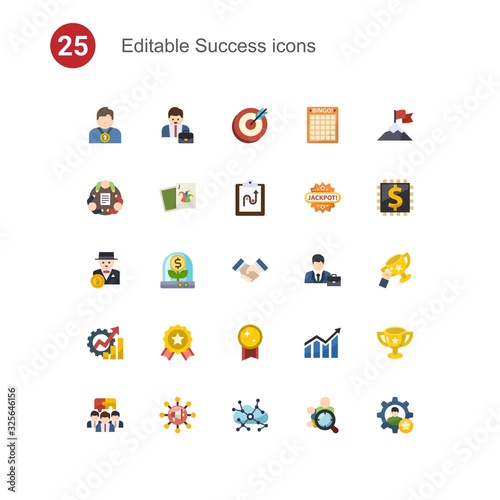 25 success flat icons set isolated on . Icons set with winner, Entrepreneur, goal, teamwork, Joker, tactics, rich man, Business incubator, partnership, Productivity, achievement icons.