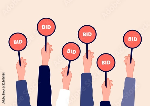 Auction bidding. Hands holding bids. Sale and buyers, business competitors on financial auctioneer. Flat arm with tablet vector illustration. Bidder auction, hand holds bid paddle