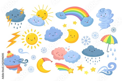 Cute weather. Isolated rainbow, cartoon rain and hurricane. Funny and angry clouds, happy sun and tornado. Emotional nature vector icons. Meteorology weather icons, rainbow and snow illustration