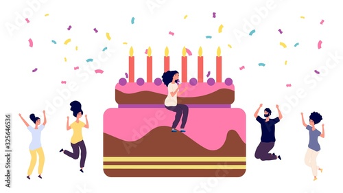Birthday party. Girl with cocktail and cake, funny jumping people. Friends and congratulations, confetti. Festive time vector illustration. Party birthday anniversary, smiling and celebration people