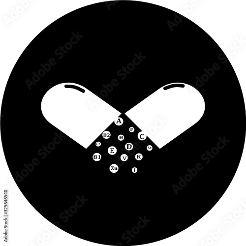 Essential vitamin and mineral complex in black circle icon. Vector creative design vitamin pills capsules. Multi Vitamin complex icon. Multivitamin supplement, vitamin logo. Diet Infographic poster.