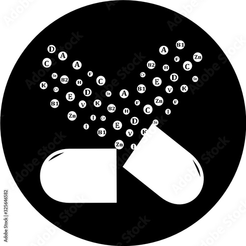 Essential vitamin and mineral complex in black circle icon. Vector creative design vitamin pills capsules. Multi Vitamin complex icon. Multivitamin supplement, vitamin logo. Diet Infographic poster.