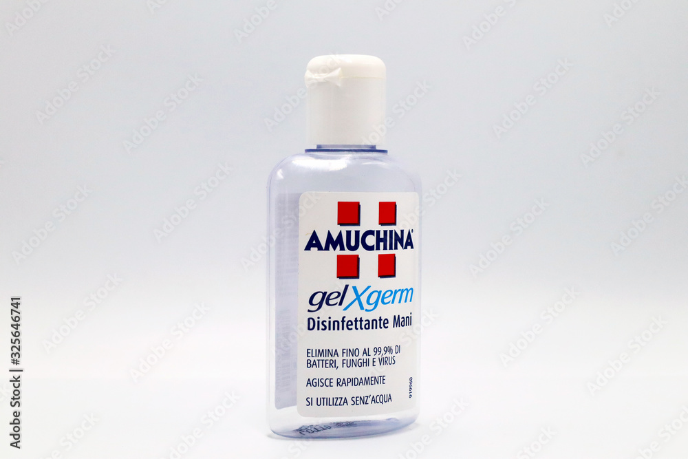 AMUCHINA Gel XGERM Hand Sanitizer. Liquid used to decrease infectious agent  Virus, Fungi and Bacteria. AMUCHINA is an Italian brand of ACRAF ANGELINI  Group Stock Photo | Adobe Stock