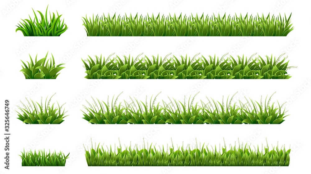 Fototapeta Green grass border. Landscaped lawns, meadows clipart. Isolated organic lawn shapes, leaves and garden elements. Realistic spring summer nature illustration. Organic eco foliage, field natural