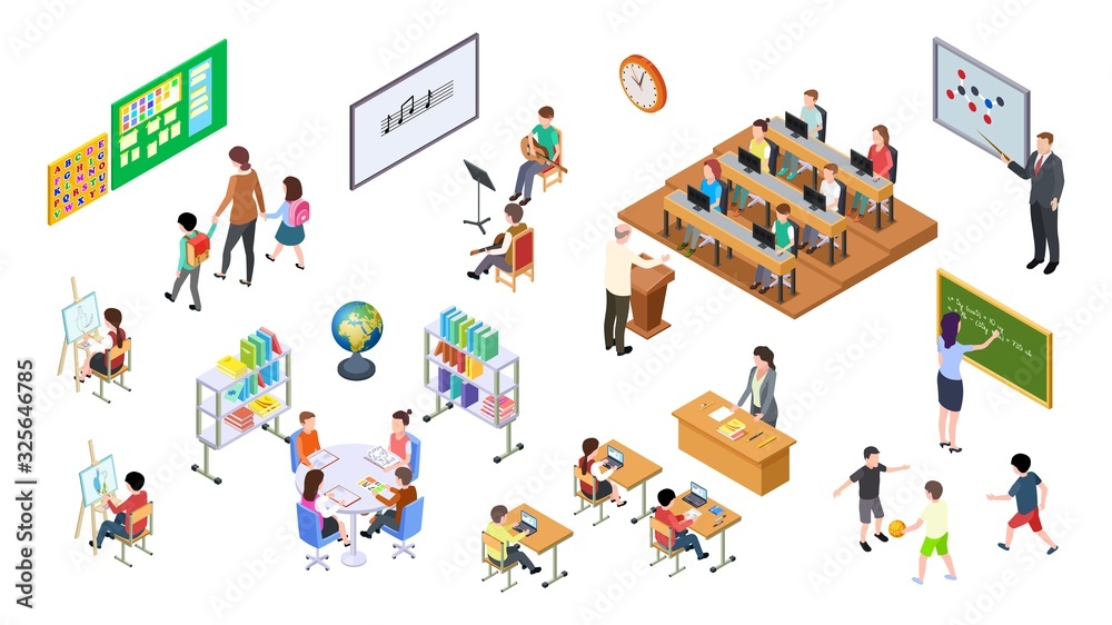 Fototapeta premium Szkoła izometryczna. 3d kolegium, rada nauczycielska i studenci. Elementy uniwersyteckie, sala wykładowa i meble, stoły i krzesła. Edukacja wektor zestaw. Edukacja ilustracja college, deska i meble
