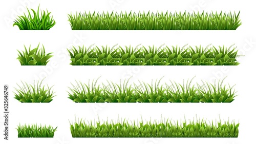 Green grass border. Landscaped lawns, meadows clipart. Isolated organic lawn shapes, leaves and garden elements. Realistic spring summer nature illustration. Organic eco foliage, field natural