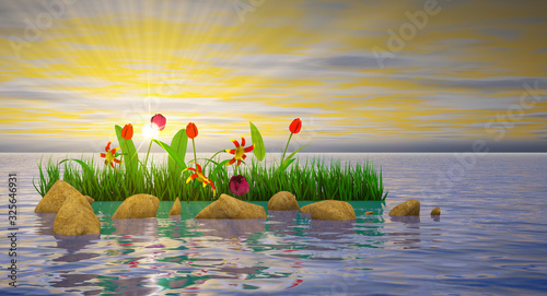 Canvas Print Flowers and stones in the water at sunset background. 3D render