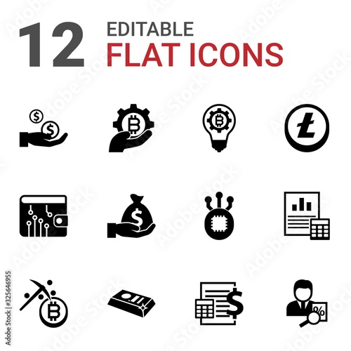 12 banking filled icons set isolated on white background. Icons set with Dividends, fintech industry, fintech innovation, digital wallet, Deposit, Altcoin, Mining, gold bar icons.