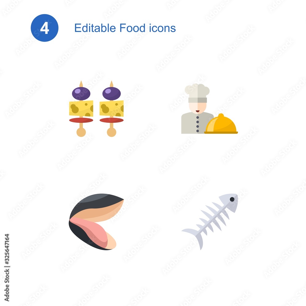 4 food flat icons set isolated on . Icons set with starters, chefs dish, mussel, fish bone icons.