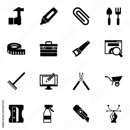 16 tool filled icons set isolated on white background. Icons set with Handicraft, Marker, Paperclip, measuring, toolbox, Hand saw, Rake, Digital illustration, Gardening tools icons.