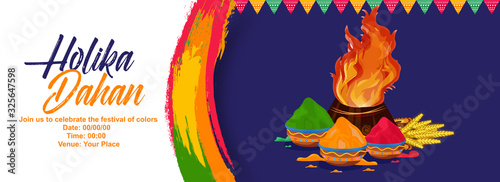 Happy Holika Dahan . Holika Dahan holi card with bonfire and wheats and buckets of colors.