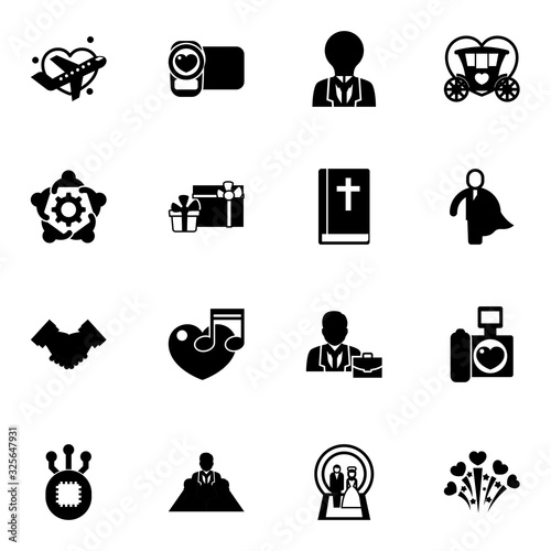 16 line filled icons set isolated on white background. Icons set with Honeymoon, video shooting, creativity, teamwork, gifts, Bible, partnership, music, Brougham, business hero icons.