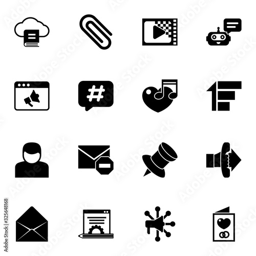 16 message filled icons set isolated on white background. Icons set with Email Marketing, Paperclip, Encoding, Promo website, Hashtag, music, User, Spam, Chat Bot, Priority icons.